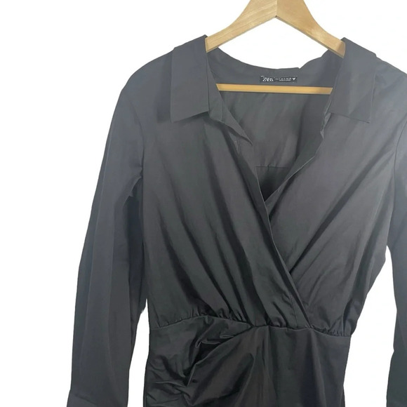 Zara Collared Long Sleeve Poplin Mini Shirt Dress in Black Size S - Picture 11 of 14